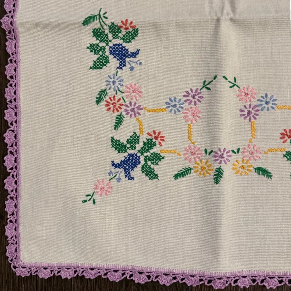 Vintage 42 X 19 Embroidered Floral Cross Stitch Table Runner Purple Crochet Trim